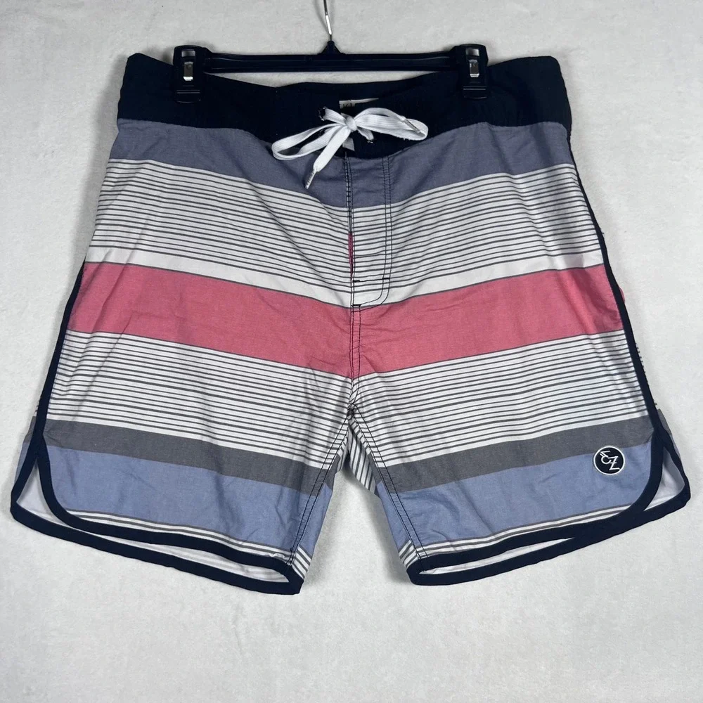 Ezekiel Mens Striped Board Shorts Blue Pink Grey Swim Trunks Size 36 Surf